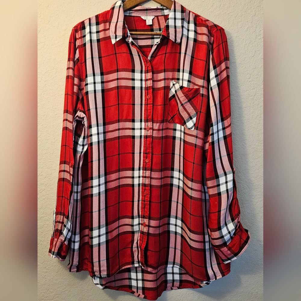 Cato Flannel Top Womens XL Red White Tartan Plaid Country Cowgirl‎ Button Down
